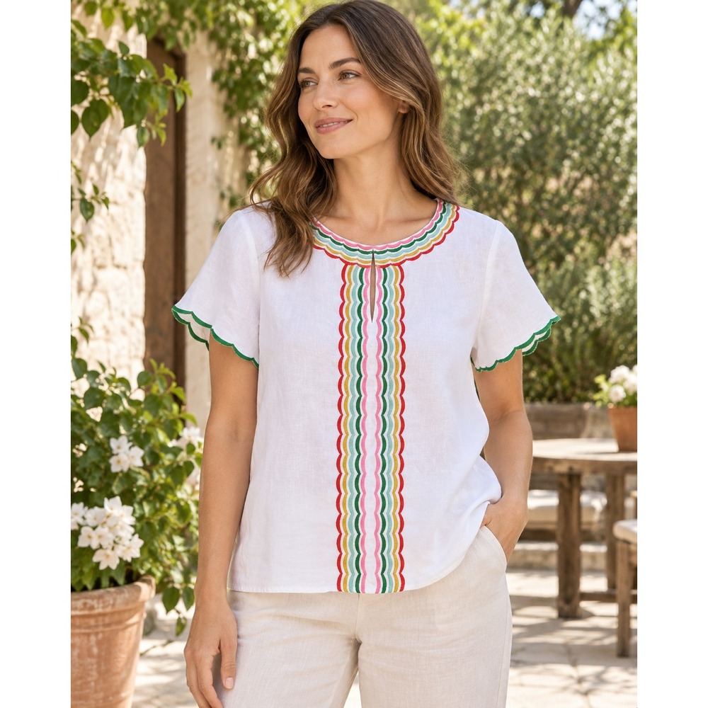 Boden 100% Linen Blouse Women 12 White Multicolor Embroidered Scallop Top